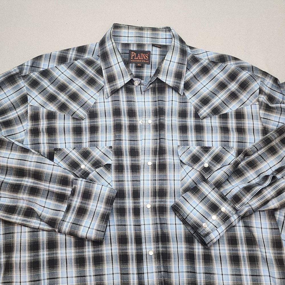 Plains Western Wear Shirt Blue Black Plaid Pearl Snap Mens XL